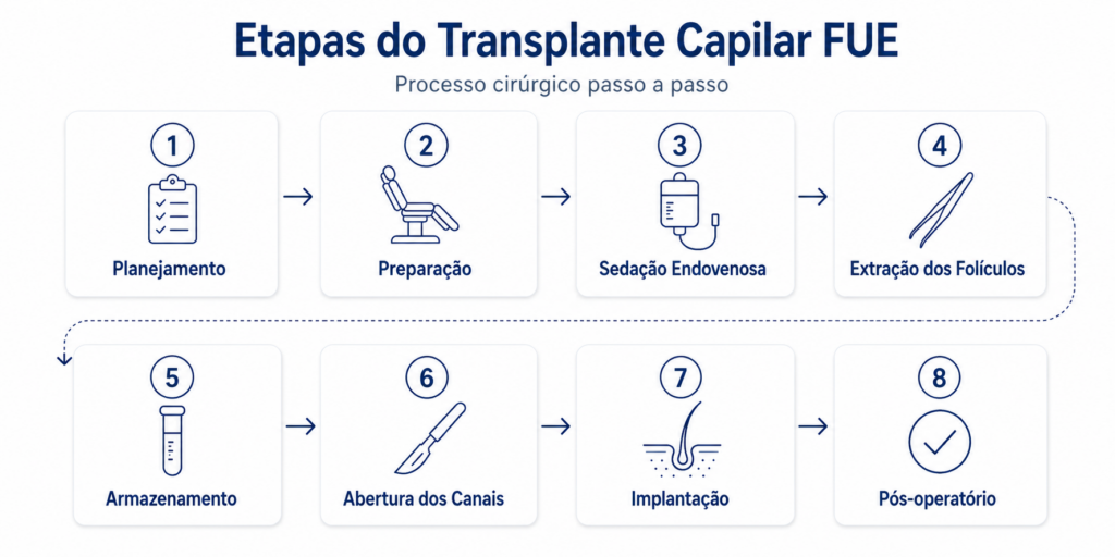 Etapas do transplante capilar FUE: passo a passo da cirurgia com o Dr. Felipe Blanco