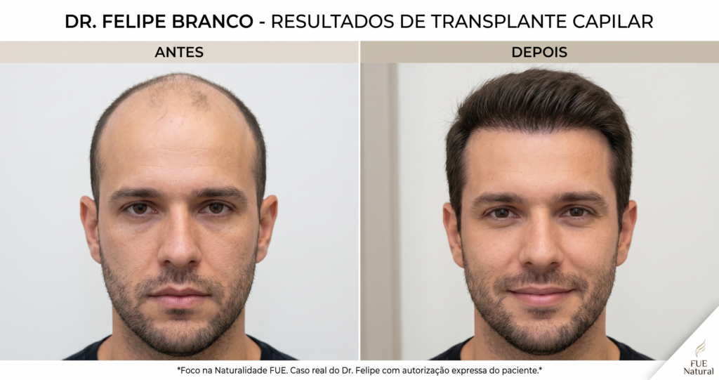 Resultado de transplante capilar FUE pelo Dr. Felipe Blanco — antes e depois