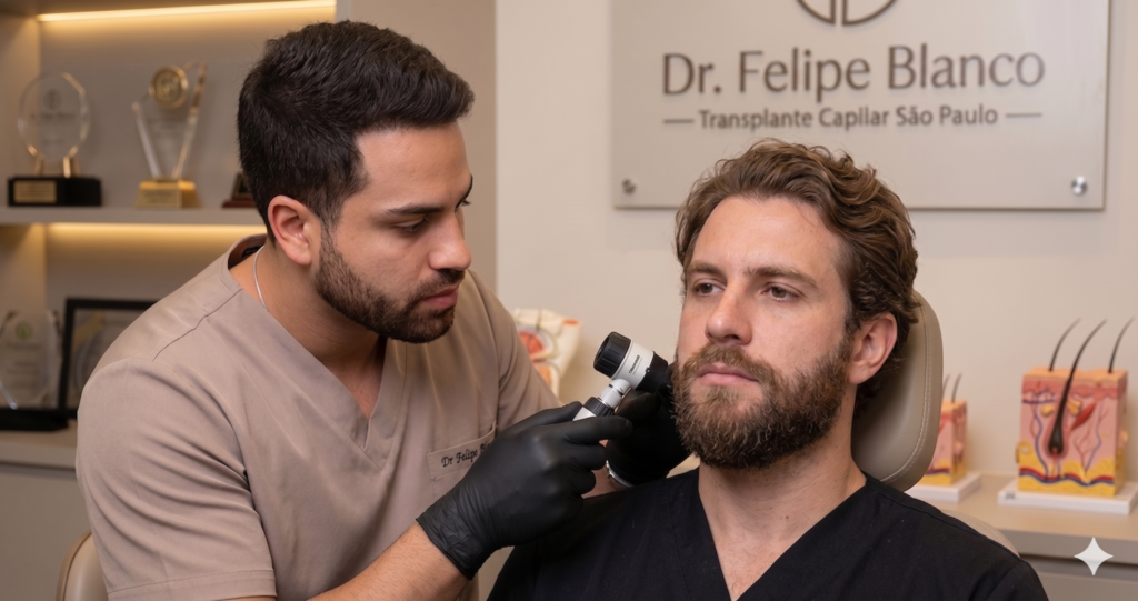 Transplante de barba com técnica FUE — Dr. Felipe Blanco, São Paulo