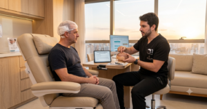 Dr. Felipe Blanco orientando paciente sobre posição para dormir após transplante capilar