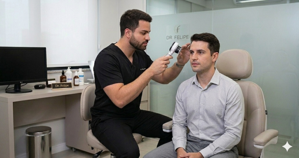 Dr. Felipe Blanco realizando pré-avaliação de transplante capilar na Blanco Medicina, São Paulo