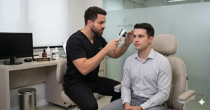 Dr. Felipe Blanco realizando pré-avaliação de transplante capilar na Blanco Medicina, São Paulo