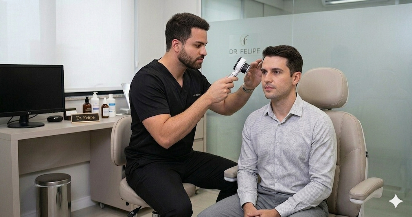 Dr. Felipe Blanco realizando pré-avaliação de transplante capilar na Blanco Medicina, São Paulo