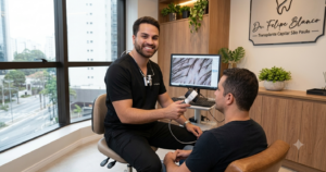 Dr. Felipe Blanco avaliando paciente com alopecia androgenética na clínica em Itaim Bibi, São Paulo