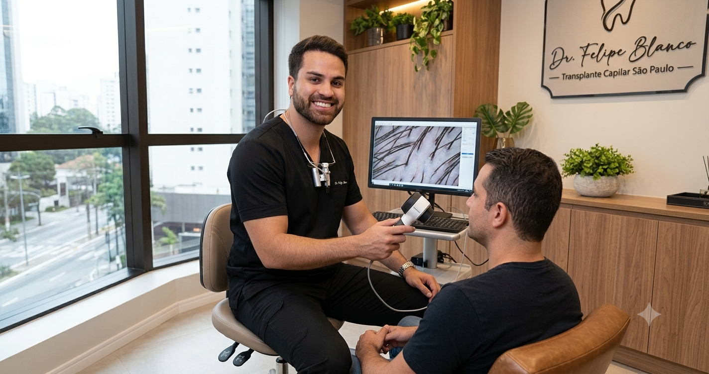 Dr. Felipe Blanco avaliando paciente com alopecia androgenética na clínica em Itaim Bibi, São Paulo