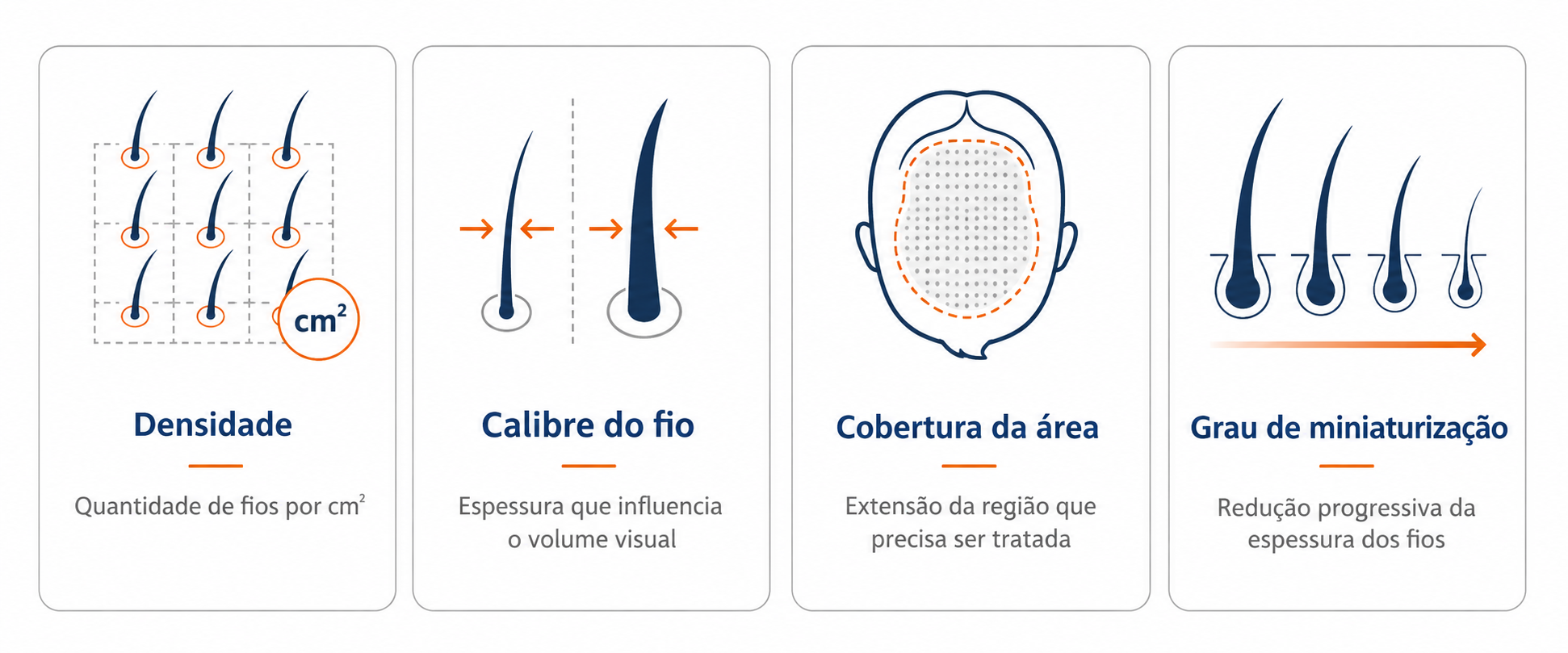 Infográfico com os critérios de avaliação da área doadora no transplante capilar: densidade, calibre, cobertura e miniaturização
