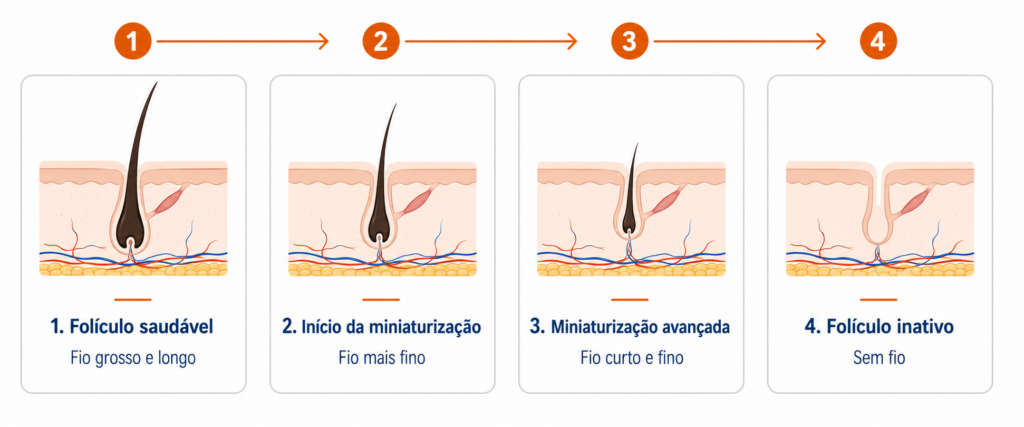 Infográfico mostrando o processo de miniaturização folicular na alopecia androgenética: do folículo saudável ao folículo miniaturizado