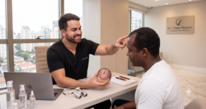 Dr. Felipe Blanco em consulta reservada para transplante capilar discreto na clínica em Itaim Bibi, São Paulo