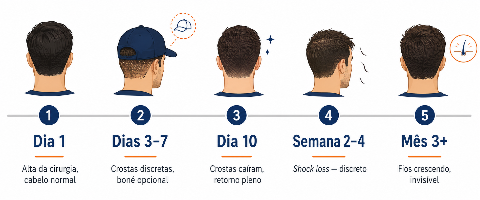 Infográfico mostrando o que é visível após transplante capilar discreto semana a semana — do dia 1 ao mês 3