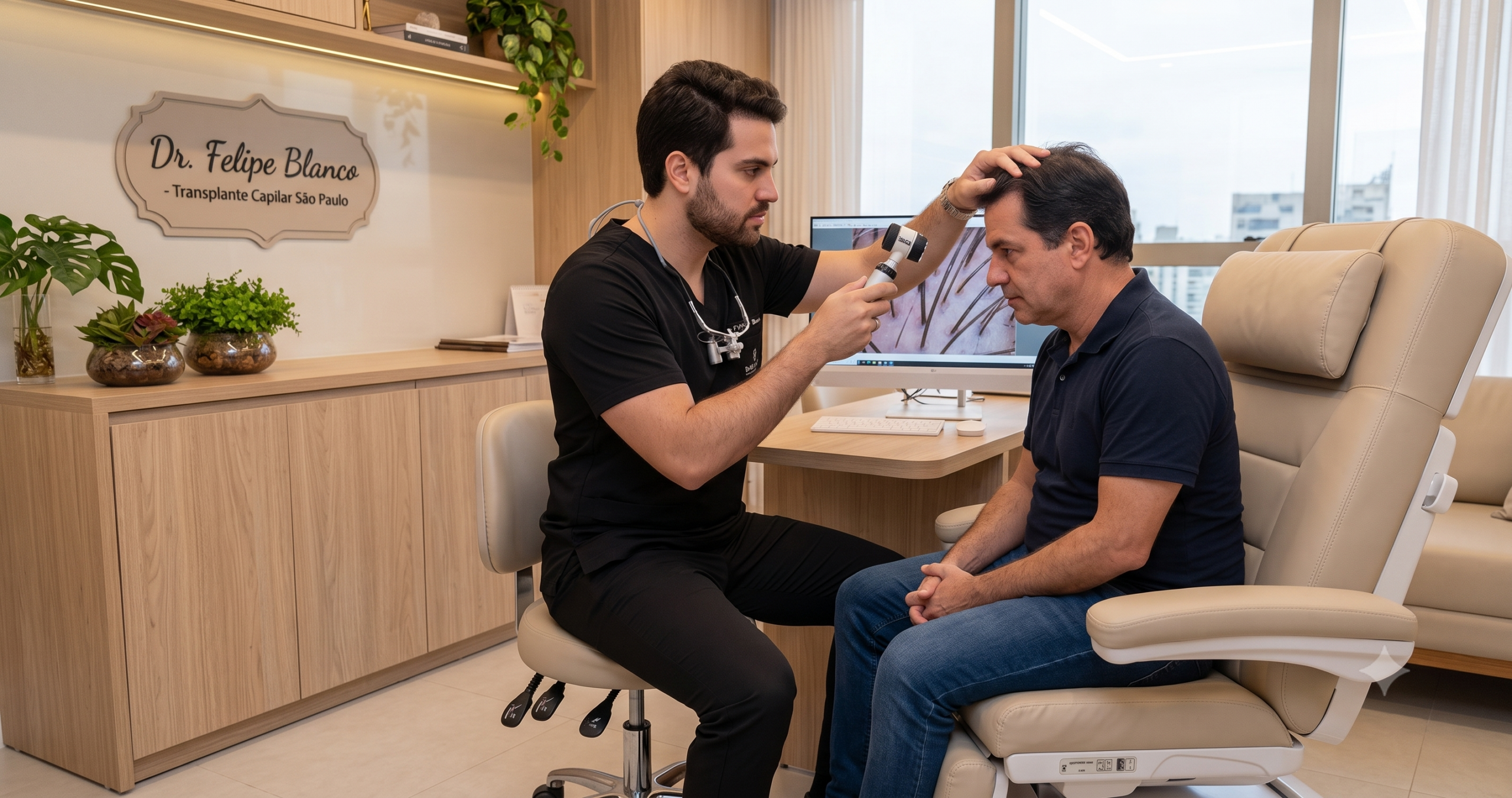 Dr. Felipe Blanco avaliando densidade capilar de paciente para transplante em São Paulo