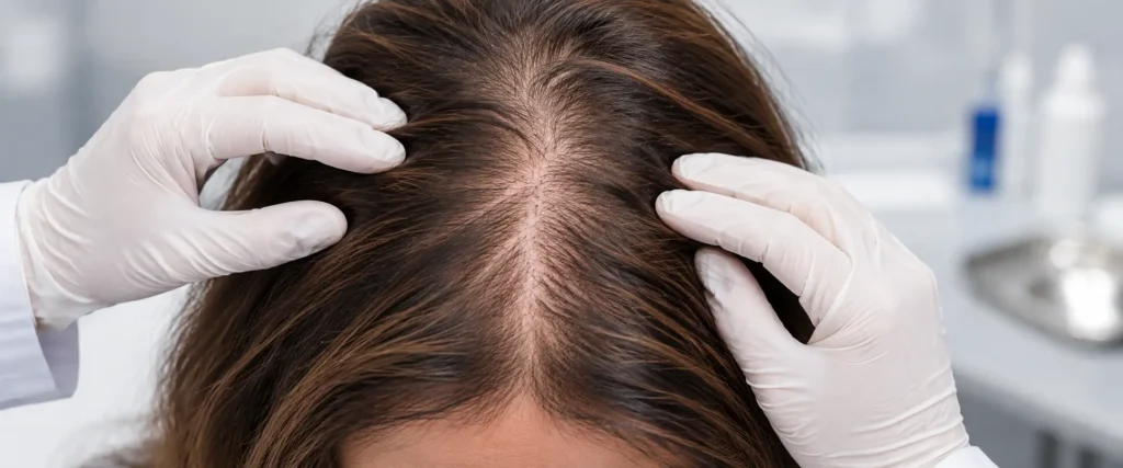 Avaliação do couro cabeludo feminino com rarefação capilar em clínica de transplante capilar em São Paulo